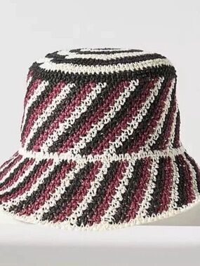 Anthropologie Crochet Bucket Hat Huayi Black Cream Stripe Sun Hat NWT $78